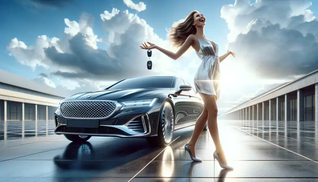 woman radiating happiness beside her new luxury car