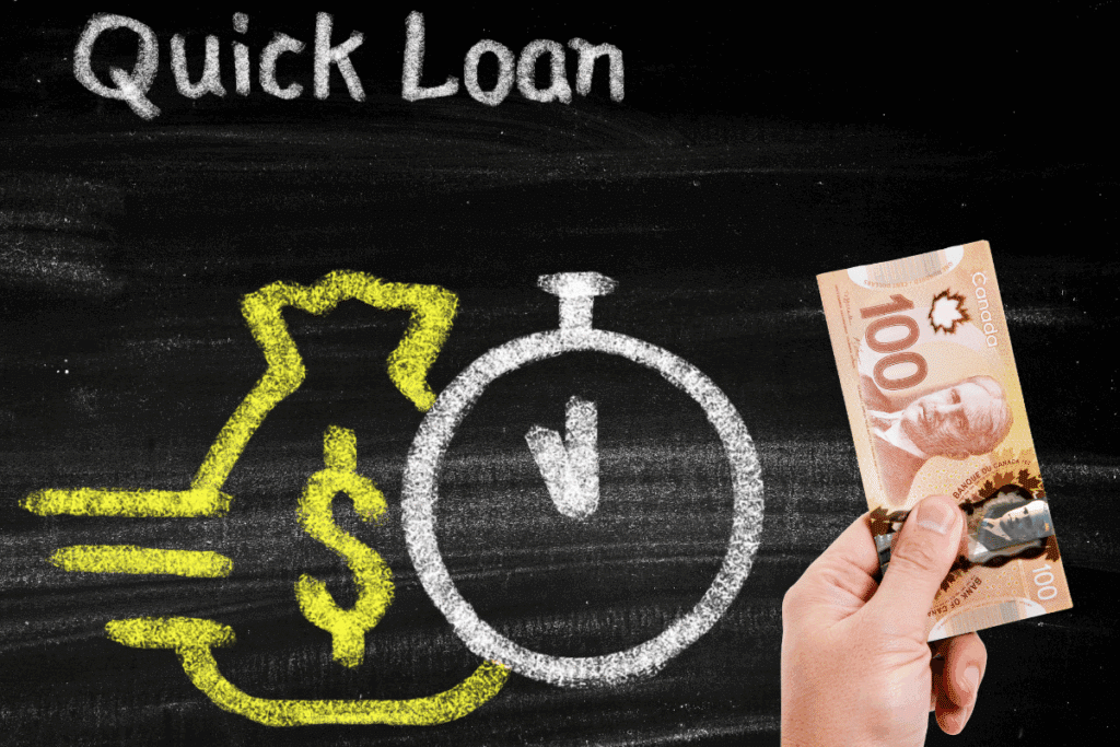 Hand holding Canadian $100 bill beside chalkboard drawing of quick loan and stopwatch, symbolizing fast cash loans in Canada.